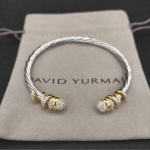 David Yurman Two-Tone Cable Cuff Bracelet with Gold and Silver Pavé Ends